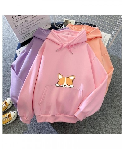 Cute Dog Corgi Printing and Solid Hoodie Cotton Warm Plush Sweatshirts for Women Pink $17.80 Hoodies & Sweatshirts