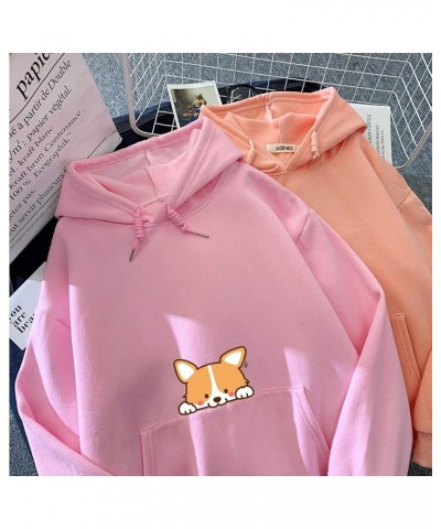 Cute Dog Corgi Printing and Solid Hoodie Cotton Warm Plush Sweatshirts for Women Pink $17.80 Hoodies & Sweatshirts