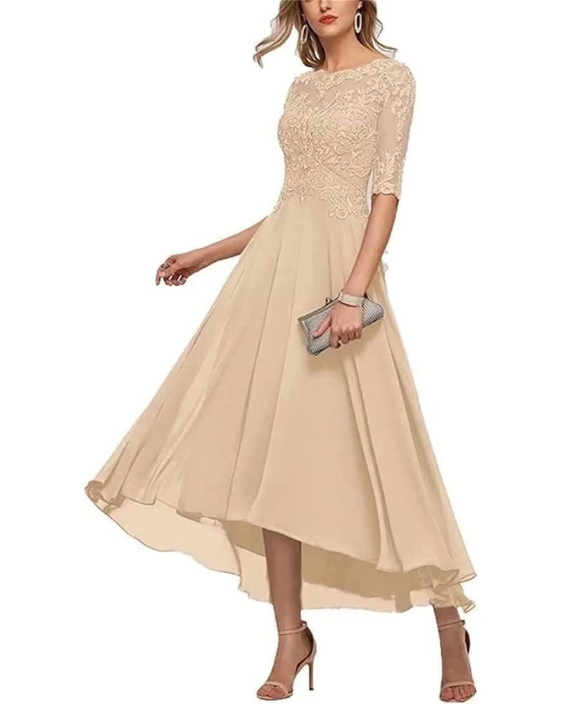 Lace Mother of The Bride Dresses Tea Length Half Sleeve Appliques A Line Chiffon Formal Evening Gown Champagne $45.89 Dresses