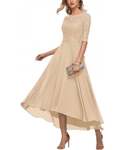 Lace Mother of The Bride Dresses Tea Length Half Sleeve Appliques A Line Chiffon Formal Evening Gown Champagne $45.89 Dresses