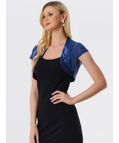 Women's Satin Shrug Bolero Cap Sleeve Business Open Front Mesh Crop Cardigan Blue $11.28 Sweaters