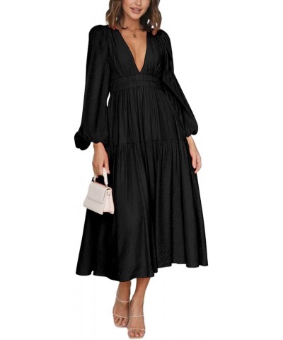 Women 2023 Summer Puff Sleeve Maxi Dresses Smocked Floral Dress Crewneck Lace Flowy Tiered Midi Dresses 5-black $14.29 Dresses