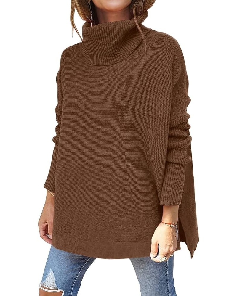 Womens Long Batwing Sleeve Turtleneck 2023 Fall Casual Comfy Asymmetric Spilt Hem Pullover Sweater Knit Tops Brown $19.59 Swe...