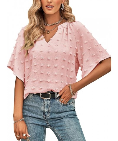 Summer Tops for Women Short Sleeve Shirts Dressy Casual Chiffon Blouses Pom Pom Tops Pink $14.24 Tops