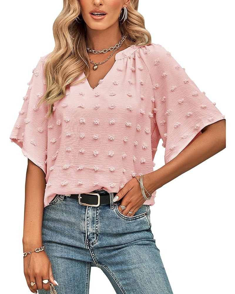 Summer Tops for Women Short Sleeve Shirts Dressy Casual Chiffon Blouses Pom Pom Tops Pink $14.24 Tops