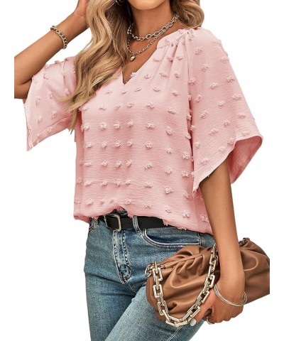 Summer Tops for Women Short Sleeve Shirts Dressy Casual Chiffon Blouses Pom Pom Tops Pink $14.24 Tops