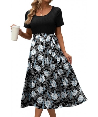 Womens Casual Short Sleeve Midi Dress Tie Waist Crewneck Work Business Teacher Dresses White Lily $13.92 Dresses