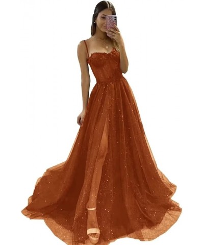 Glitter Tulle Prom Dresses Long Spaghetti Straps 3D Flower Corset Formal Evening Gowns with Slit Burnt Orange $44.19 Dresses