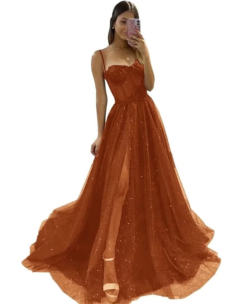 Glitter Tulle Prom Dresses Long Spaghetti Straps 3D Flower Corset Formal Evening Gowns with Slit Burnt Orange $44.19 Dresses