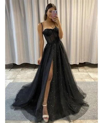 Glitter Tulle Prom Dresses Long Spaghetti Straps 3D Flower Corset Formal Evening Gowns with Slit Burnt Orange $44.19 Dresses