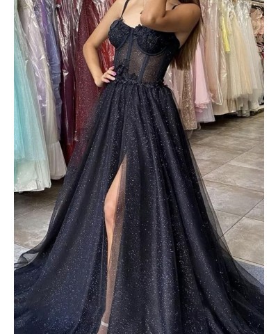 Glitter Tulle Prom Dresses Long Spaghetti Straps 3D Flower Corset Formal Evening Gowns with Slit Burnt Orange $44.19 Dresses