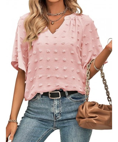 Summer Tops for Women Short Sleeve Shirts Dressy Casual Chiffon Blouses Pom Pom Tops Pink $14.24 Tops