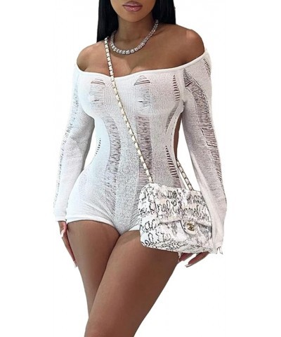 Women Sexy Knitted Crochet Hollow Backless Long Sleeve Short Playsuit White $22.05 Rompers