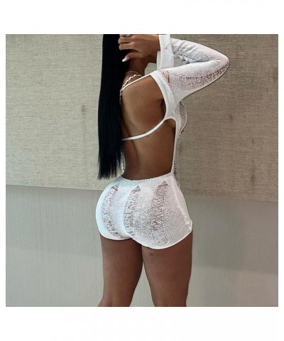 Women Sexy Knitted Crochet Hollow Backless Long Sleeve Short Playsuit White $22.05 Rompers