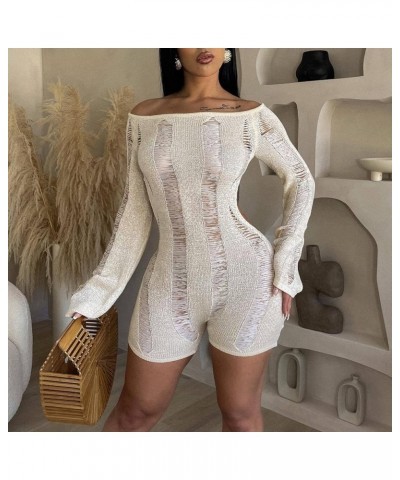 Women Sexy Knitted Crochet Hollow Backless Long Sleeve Short Playsuit White $22.05 Rompers