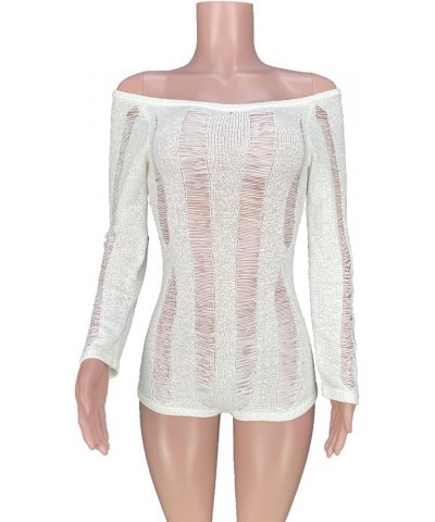 Women Sexy Knitted Crochet Hollow Backless Long Sleeve Short Playsuit White $22.05 Rompers