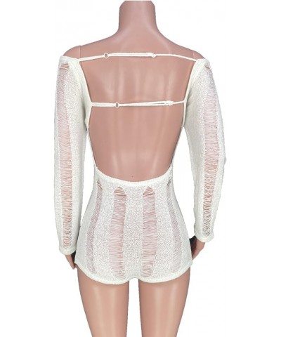 Women Sexy Knitted Crochet Hollow Backless Long Sleeve Short Playsuit White $22.05 Rompers