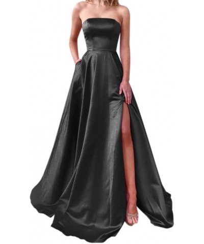 Strapless A-Line Prom Dress for Women Satin Long Lace-Up Evening Dress with Pocket Backless Wedding Party Dress Black $40.01 ...