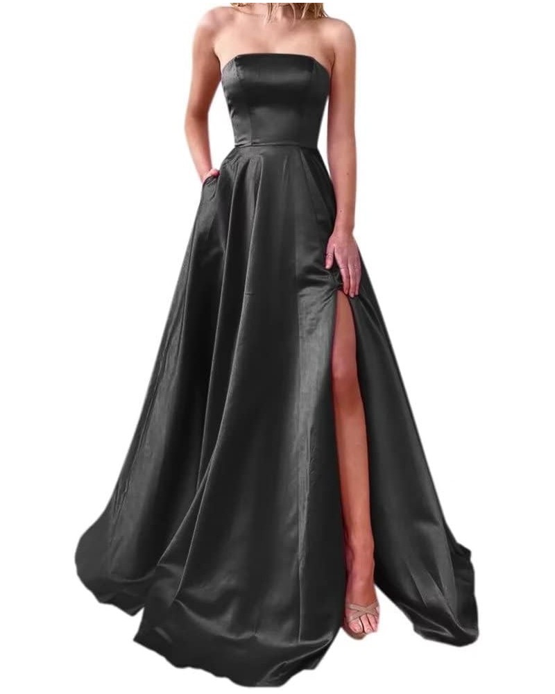 Strapless A-Line Prom Dress for Women Satin Long Lace-Up Evening Dress with Pocket Backless Wedding Party Dress Black $40.01 ...