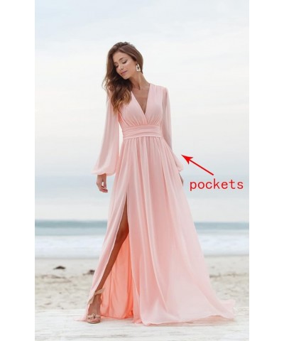 Long Sleeve Bridesmaid Dresses Long with Slit V Neck Chiffon Formal Gowns with Pockets SYYS094 Sky $29.70 Dresses