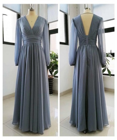 Long Sleeve Bridesmaid Dresses Long with Slit V Neck Chiffon Formal Gowns with Pockets SYYS094 Sky $29.70 Dresses