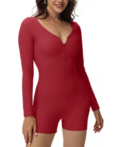 Women Long Sleeve Ribbed Romper Zipper V Neck Jumpsuit One Piece Playsuit Bodysuit Red $13.24 Jumpsuits