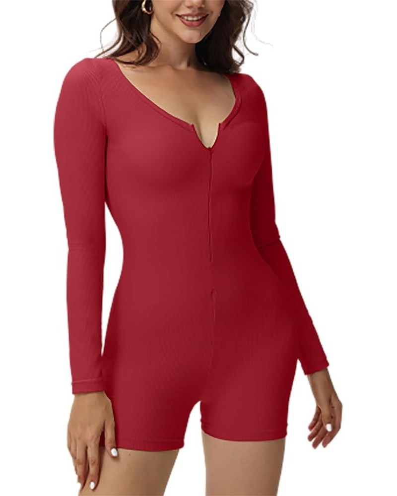 Women Long Sleeve Ribbed Romper Zipper V Neck Jumpsuit One Piece Playsuit Bodysuit Red $13.24 Jumpsuits