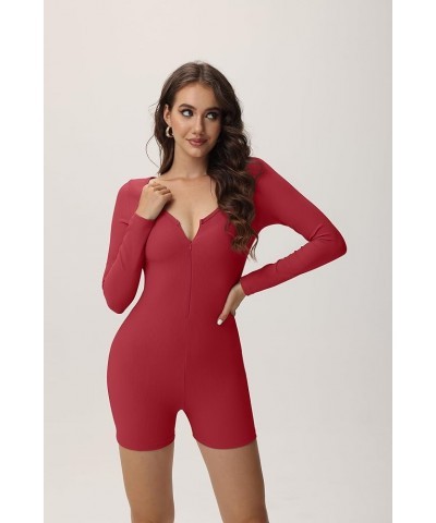 Women Long Sleeve Ribbed Romper Zipper V Neck Jumpsuit One Piece Playsuit Bodysuit Red $13.24 Jumpsuits