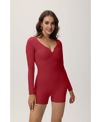 Women Long Sleeve Ribbed Romper Zipper V Neck Jumpsuit One Piece Playsuit Bodysuit Red $13.24 Jumpsuits