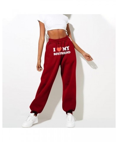 Women's Basic High Waist Sweatpants Elastic Straight Legs Plus Size I Love My Boyfriend Letter Blouse Top Dressy Casual Red $...