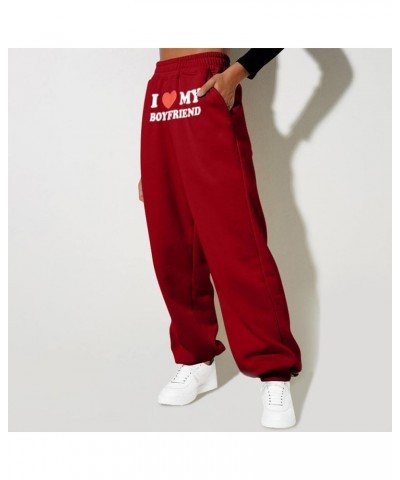 Women's Basic High Waist Sweatpants Elastic Straight Legs Plus Size I Love My Boyfriend Letter Blouse Top Dressy Casual Red $...