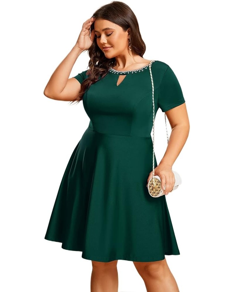 Women's Plus Size Rrhinestone Neckline Short Sleeves A-Line Mini Causal Dresses 01792-PZ Dark Green $27.35 Dresses