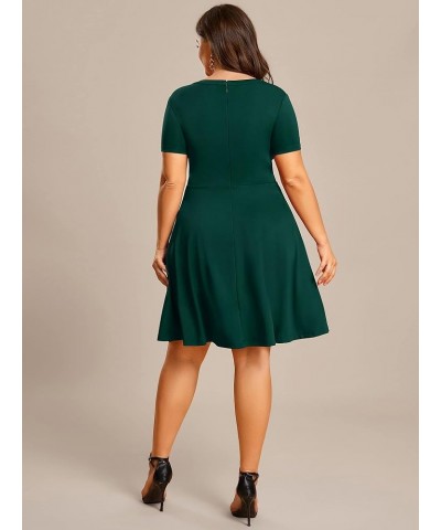 Women's Plus Size Rrhinestone Neckline Short Sleeves A-Line Mini Causal Dresses 01792-PZ Dark Green $27.35 Dresses