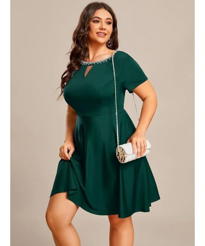 Women's Plus Size Rrhinestone Neckline Short Sleeves A-Line Mini Causal Dresses 01792-PZ Dark Green $27.35 Dresses