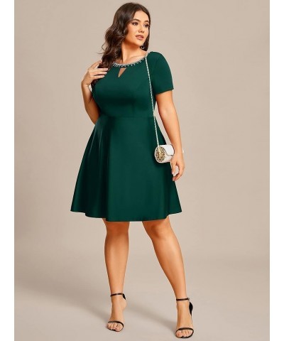 Women's Plus Size Rrhinestone Neckline Short Sleeves A-Line Mini Causal Dresses 01792-PZ Dark Green $27.35 Dresses