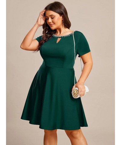 Women's Plus Size Rrhinestone Neckline Short Sleeves A-Line Mini Causal Dresses 01792-PZ Dark Green $27.35 Dresses