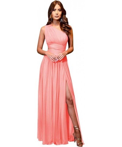 Women's One Shoulder Bridesmaid Dresses for Wedding Long Chiffon Split Formal Evening Dress with Pockets Coral $37.09 Dresses