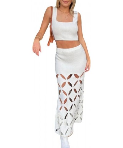 Women Crochet Knit 2 Piece Long Skirt Sets Hollow Out Crop Top Bodycon High Waist Side Slit Maxi Skirt Summer Sets H-white $1...