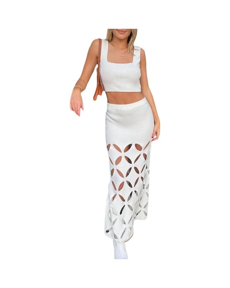 Women Crochet Knit 2 Piece Long Skirt Sets Hollow Out Crop Top Bodycon High Waist Side Slit Maxi Skirt Summer Sets H-white $1...