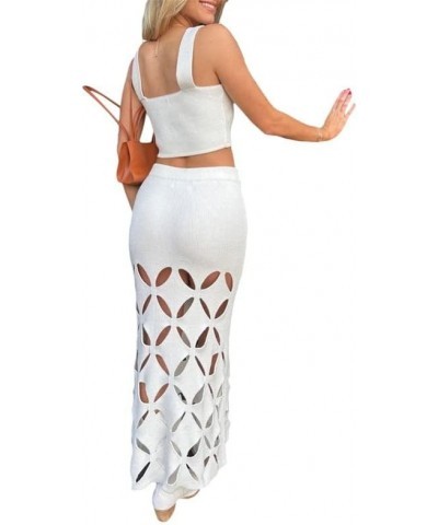 Women Crochet Knit 2 Piece Long Skirt Sets Hollow Out Crop Top Bodycon High Waist Side Slit Maxi Skirt Summer Sets H-white $1...