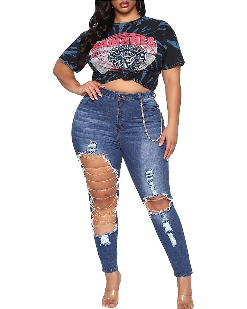 Women's High Wasit Destroyed Ripped Chain Big Hole Denim Pants Long Stretch Pencil Jeans Dark Blue-9986 $14.57 Jeans