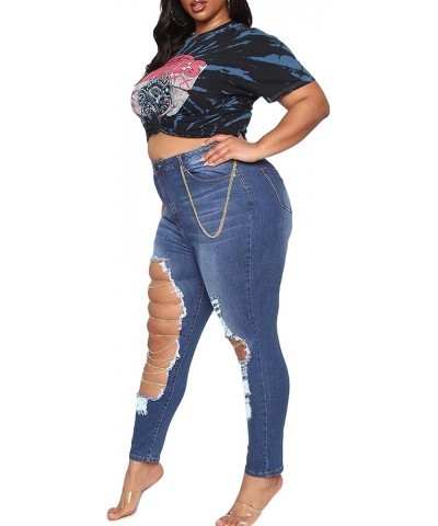 Women's High Wasit Destroyed Ripped Chain Big Hole Denim Pants Long Stretch Pencil Jeans Dark Blue-9986 $14.57 Jeans