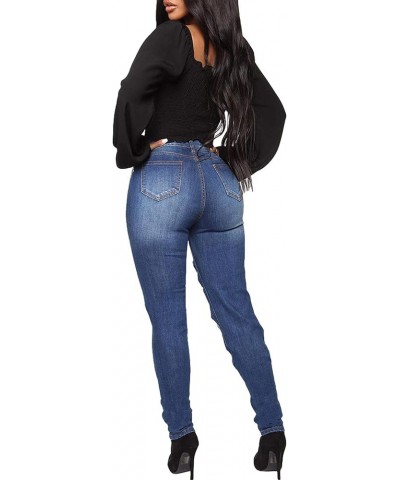 Women's High Wasit Destroyed Ripped Chain Big Hole Denim Pants Long Stretch Pencil Jeans Dark Blue-9986 $14.57 Jeans