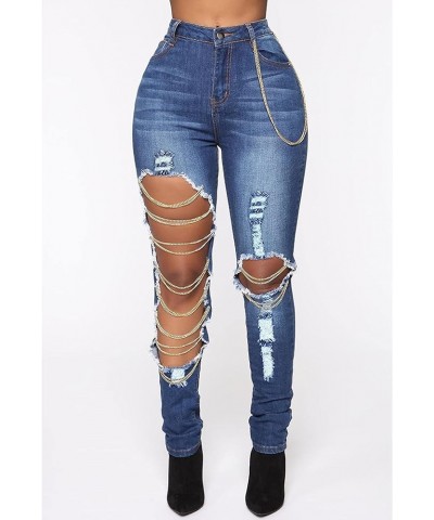 Women's High Wasit Destroyed Ripped Chain Big Hole Denim Pants Long Stretch Pencil Jeans Dark Blue-9986 $14.57 Jeans