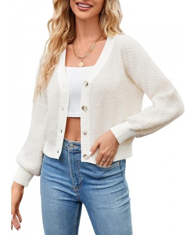 ZAFUL Women's V Neck Button Up Chunky-Knit Long Sleeve Cropped Cardigan Sweaters Color Block Crop Cardigans Outerwear White $...