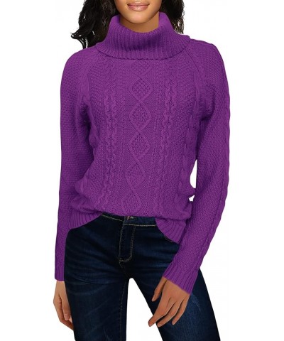 Women's Cotton Turtle Cowl Neck Aran Fishermen Fair Isle Cable Knit Sweater Purple $23.39 Sweaters