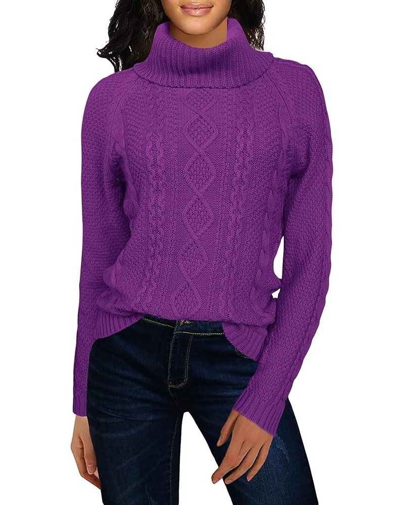 Women's Cotton Turtle Cowl Neck Aran Fishermen Fair Isle Cable Knit Sweater Purple $23.39 Sweaters