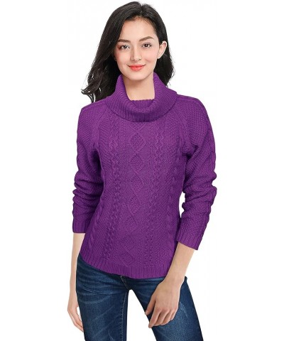 Women's Cotton Turtle Cowl Neck Aran Fishermen Fair Isle Cable Knit Sweater Purple $23.39 Sweaters