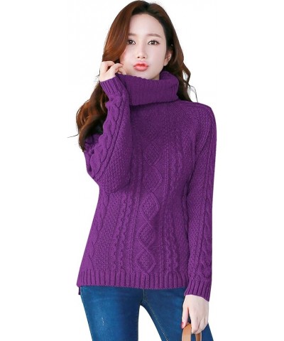 Women's Cotton Turtle Cowl Neck Aran Fishermen Fair Isle Cable Knit Sweater Purple $23.39 Sweaters