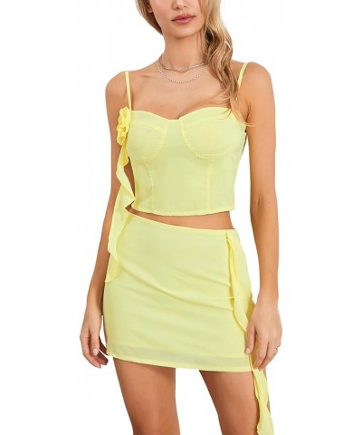 Women Y2k Ruffle 2 Piece Skirt Set Sexy Lace Mesh Crop Top and Mini Skirt Set Summer Beach Party Clubwear Outfits Yellow-tass...